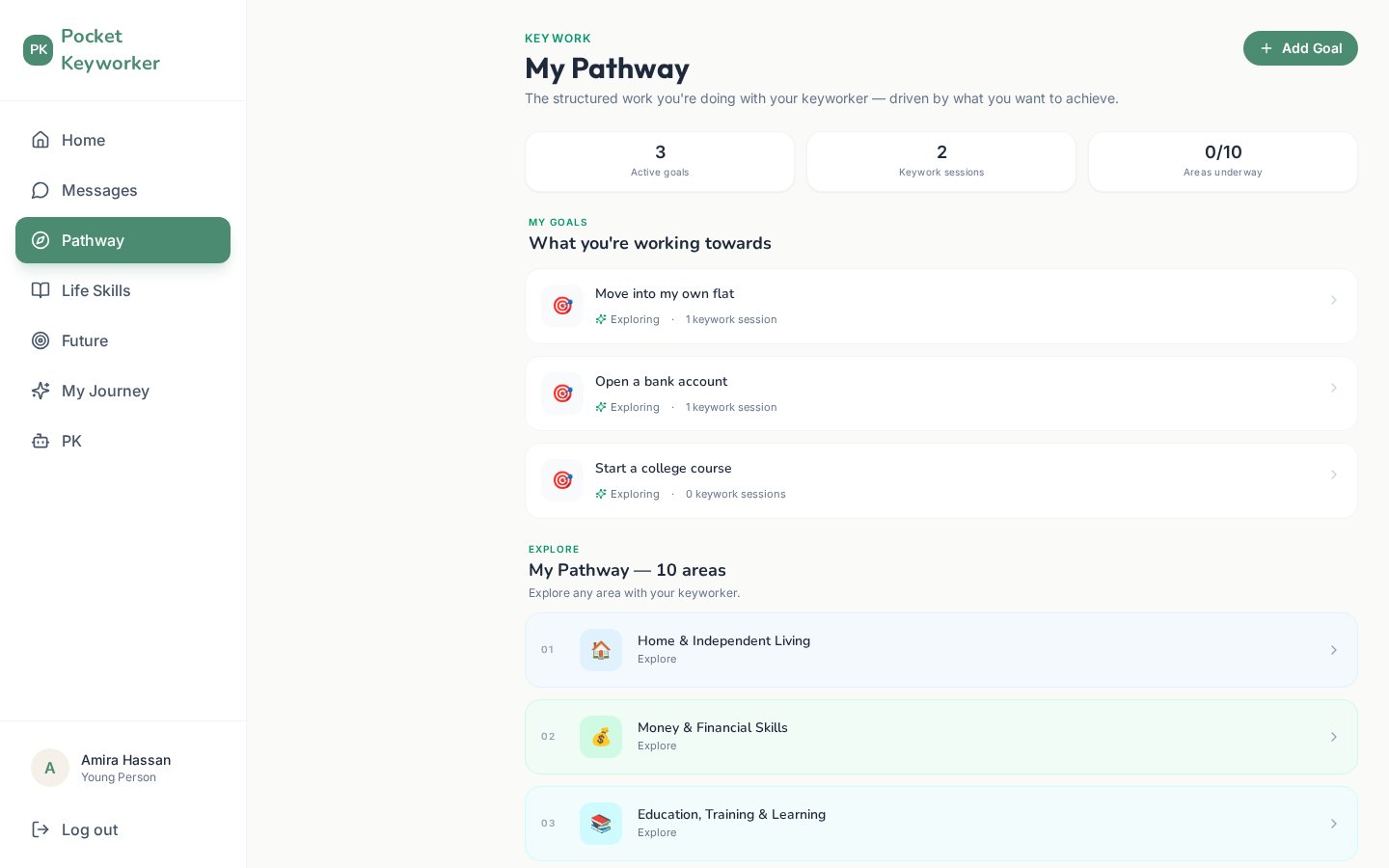 Young Person Portal screenshot